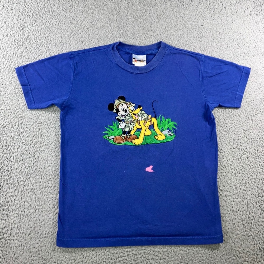VTG 90s Walt Disney World T-Shirt Men S Blue Mickey Pluto Safari Embroidered S/S